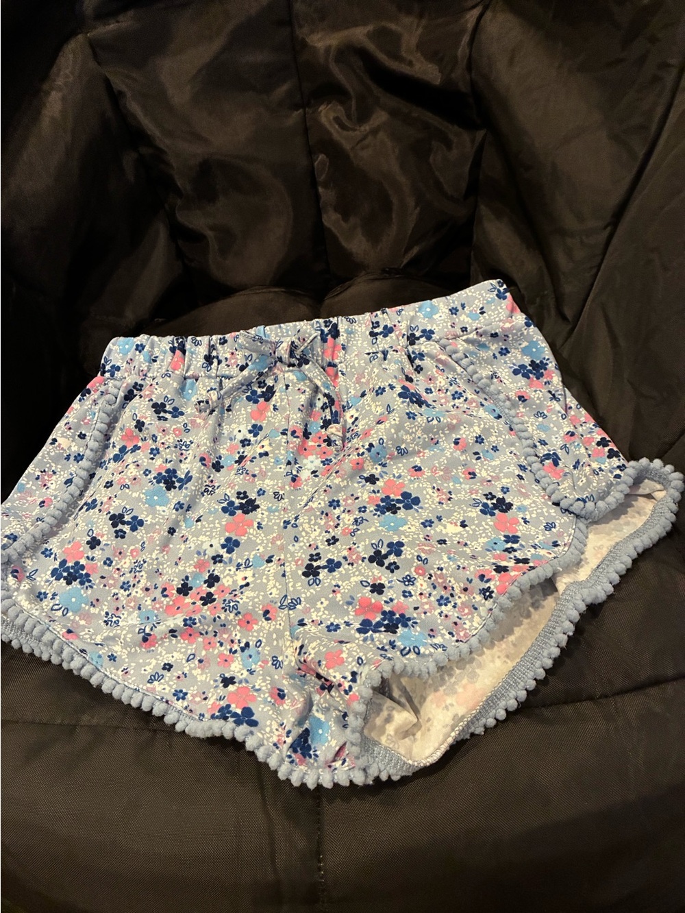 Girls Floral Blue Sleep Shorts with Pom Trim